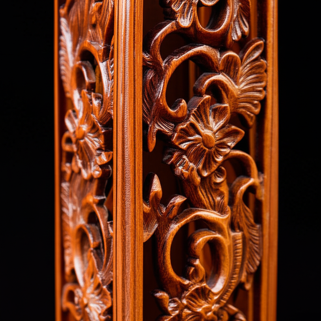 A handcrafted Trac wood chopstick holder with intricate traditional Vietnamese carvings, emphasizing the craftsmanship and luxurious material.