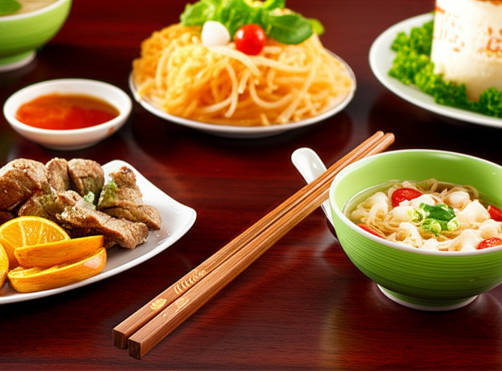 A pair of elegant Trac wood chopsticks resting on a beautifully set Vietnamese dining table with traditional dishes.