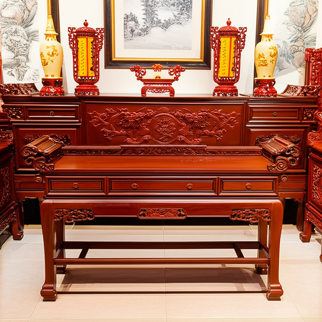 Sập thờ gỗ hương chạm rồng uy nghi&ecirc;m, hợp phong thủy