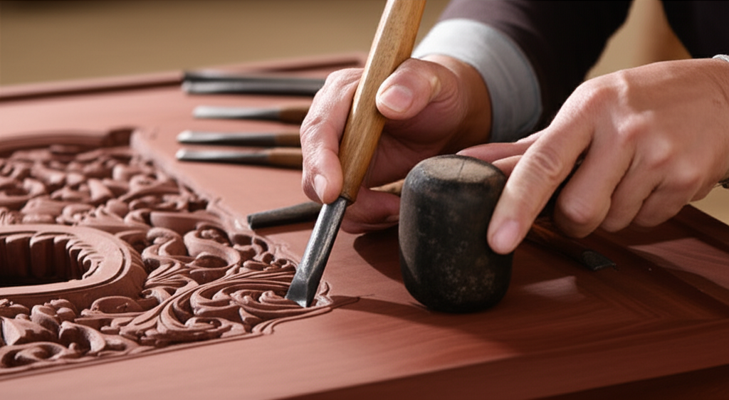 Nghệ nh&acirc;n chạm khắc b&agrave;n thờ gỗ truyền thống