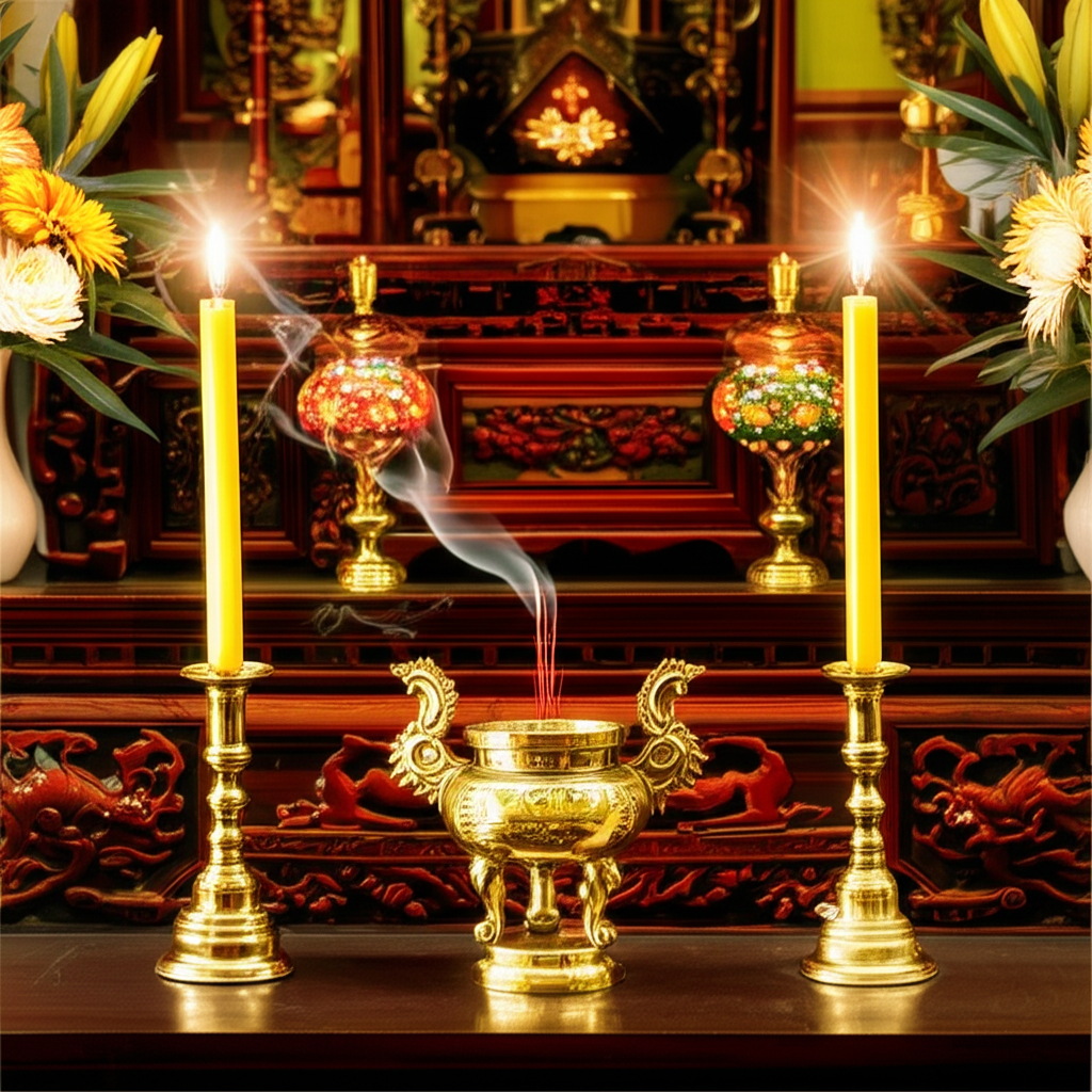 B&agrave;n thờ b&agrave;y tr&iacute; phong thủy với đỉnh đồng v&agrave; ch&acirc;n nến