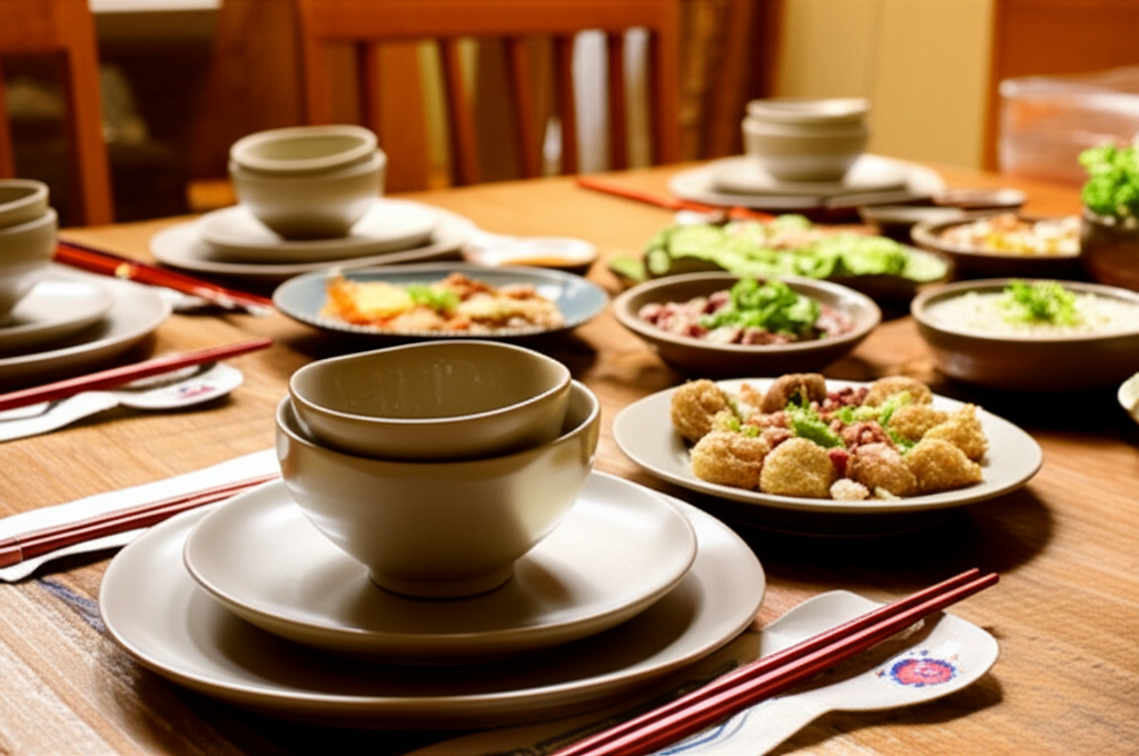 Bàn ăn gia đình ấm cúng với đũa gỗ trắc