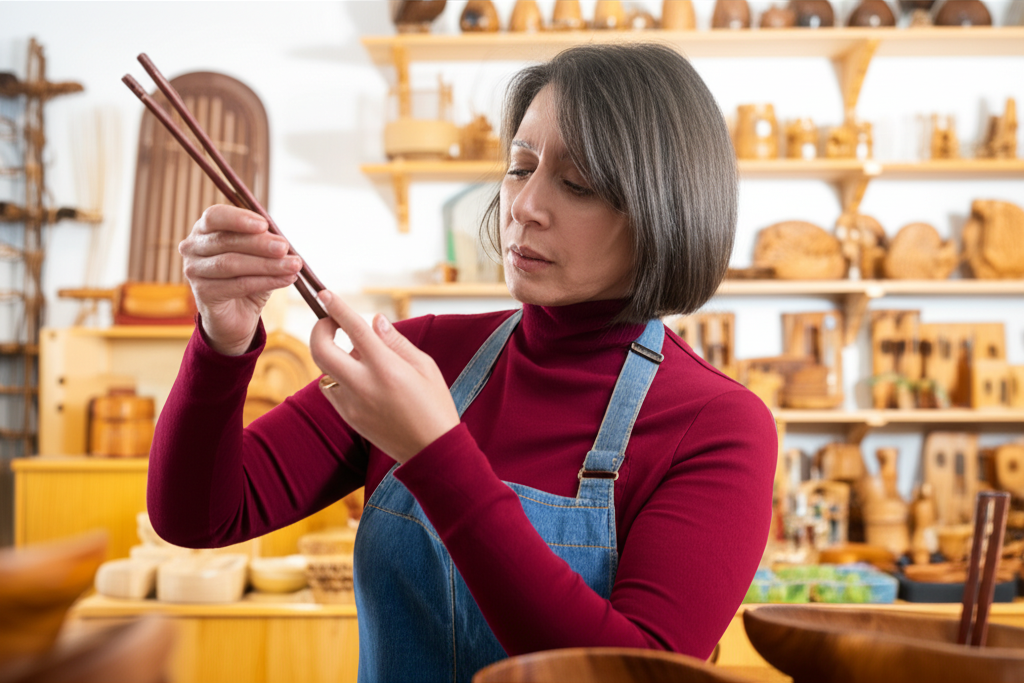Người phụ nữ chọn mua đũa gỗ trắc