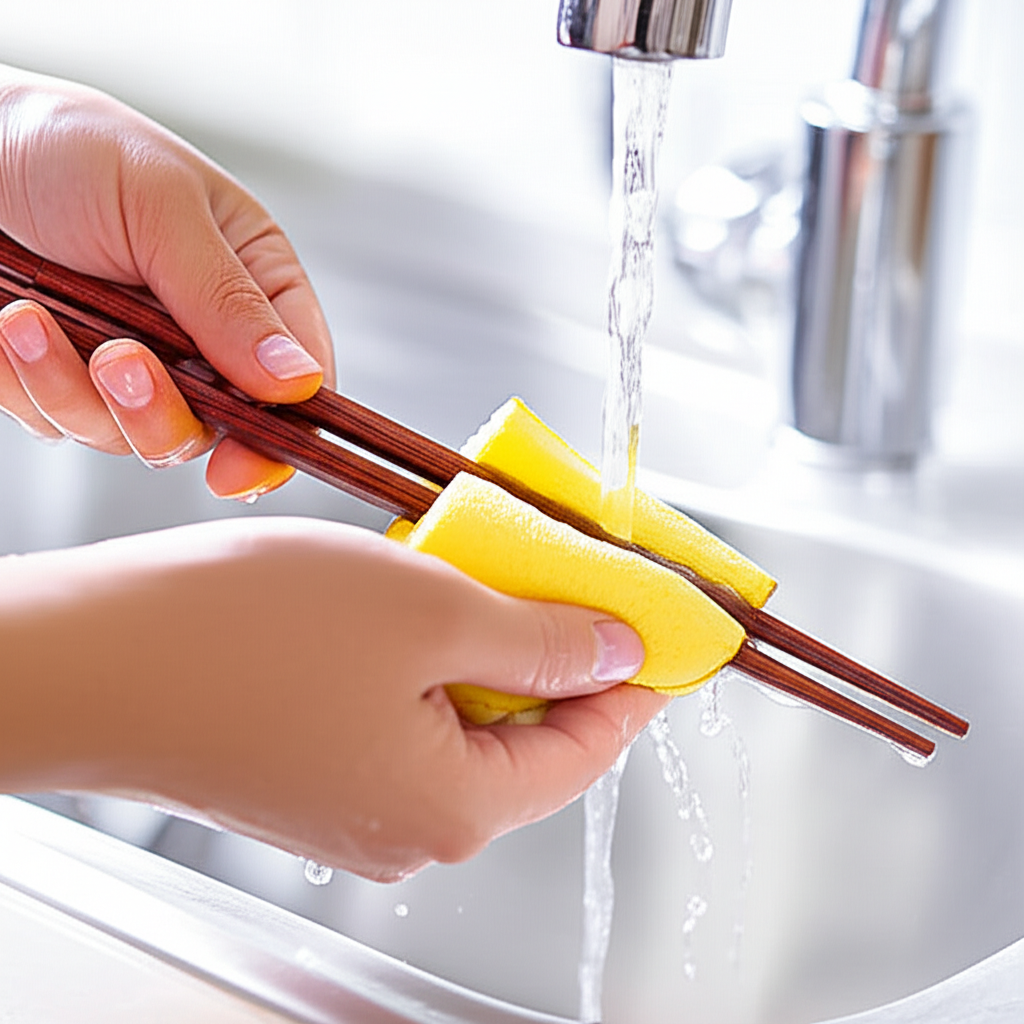 Phụ nữ rửa đũa gỗ trắc cẩn thận