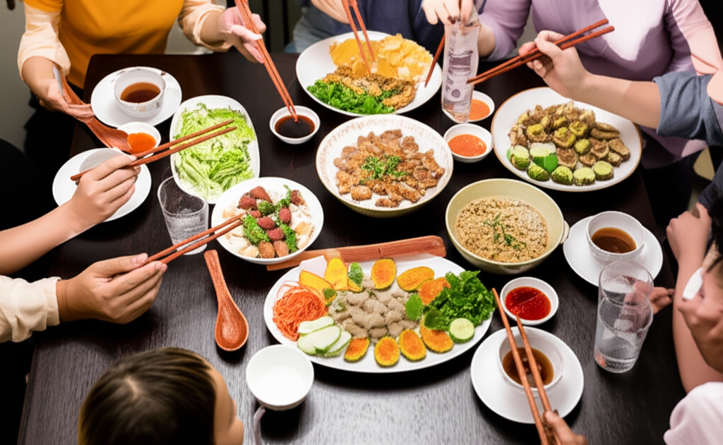 Bữa cơm gia đ&igrave;nh ấm c&uacute;ng với đũa gỗ trắc