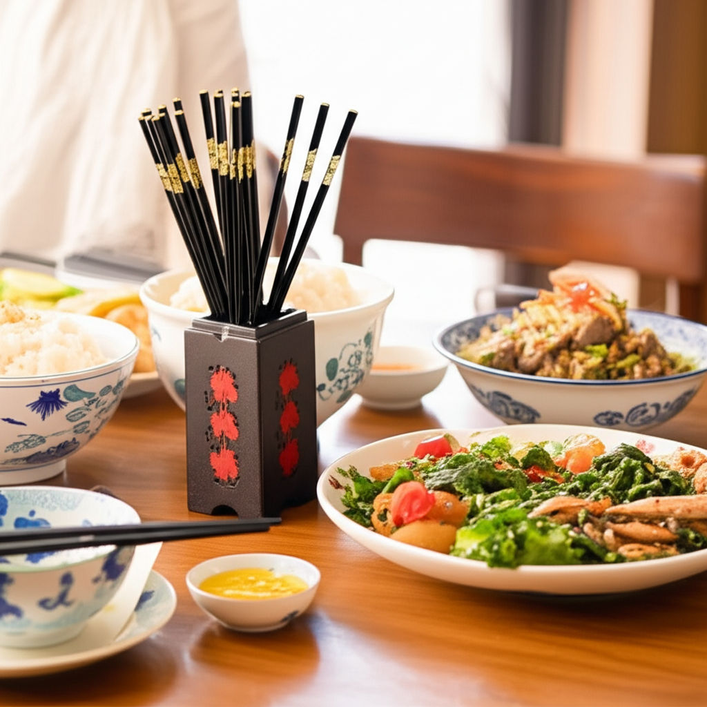 B&agrave;n ăn gia đ&igrave;nh ấm c&uacute;ng với đũa mun sừng