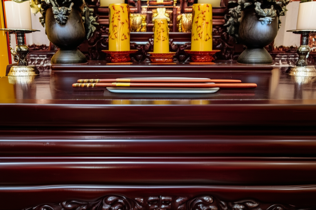 B&agrave;n thờ gia ti&ecirc;n với vật phẩm gỗ mun