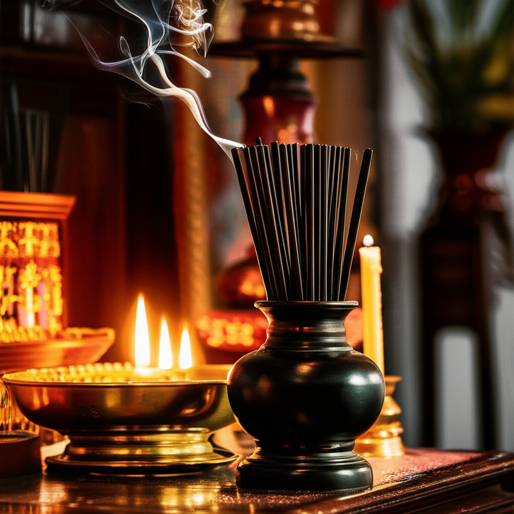 B&agrave;n thờ gia ti&ecirc;n với ống cắm đũa mun sừng