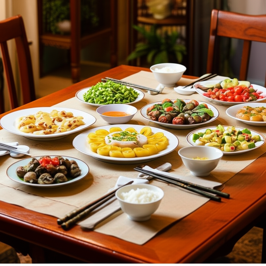 Bàn ăn thịnh soạn với đũa mun sừng và món ăn truyền thống Việt Nam