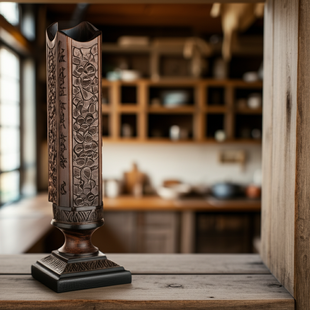 Hộp đựng đũa mun sừng chạm khắc họa tiết trên kệ bếp