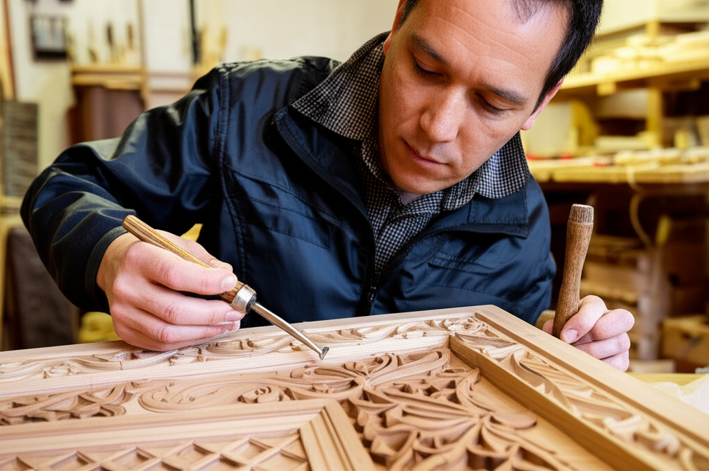 Nghệ nh&acirc;n chạm khắc b&agrave;n thờ thủ c&ocirc;ng