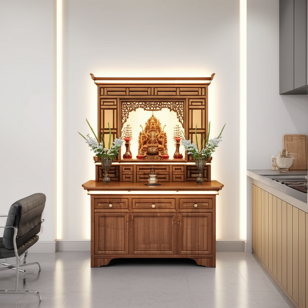 B&agrave;n thờ thần t&agrave;i chạm khắc họa tiết đơn giản phong c&aacute;ch hiện đại