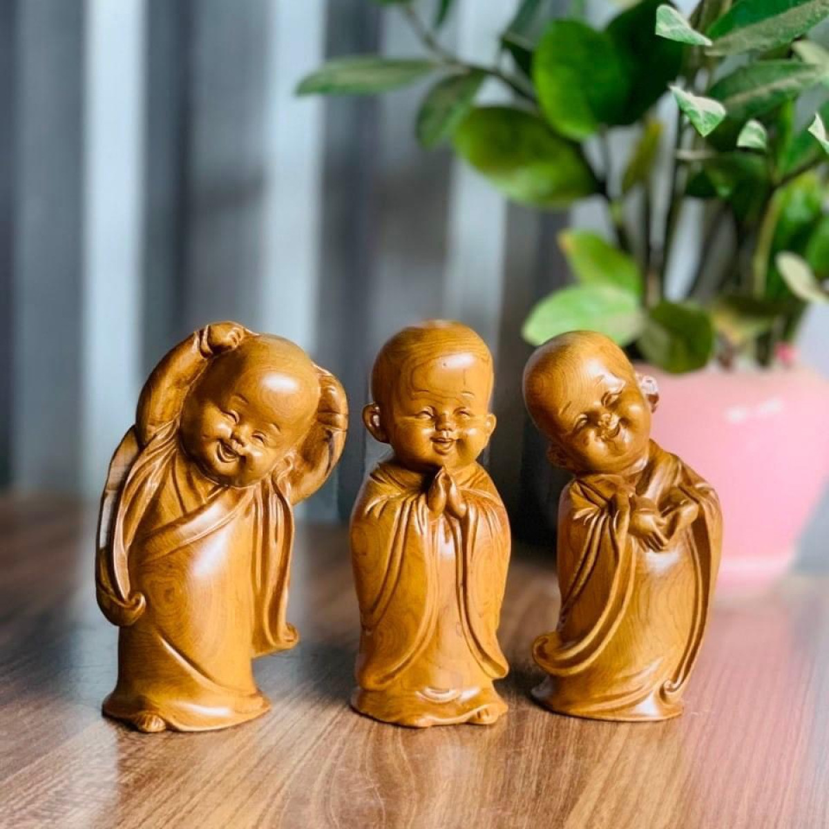 Bộ tượng chú tiểu tam tâm gỗ bách xanh 15cm - Tượng gỗ phong thủy