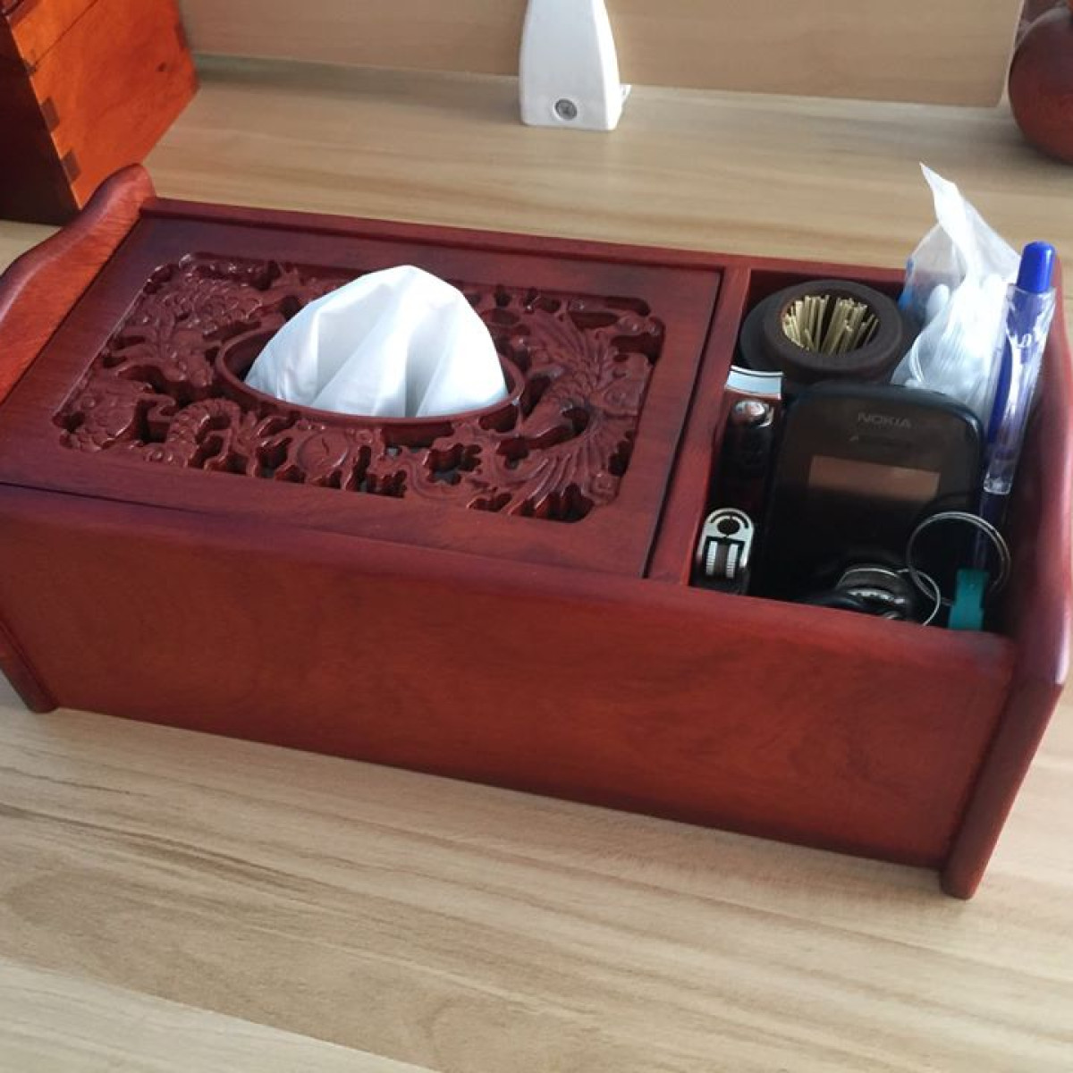 Hộp giấy long phụng 3 ngăn gỗ hương viền cong - Hộp giấy ăn