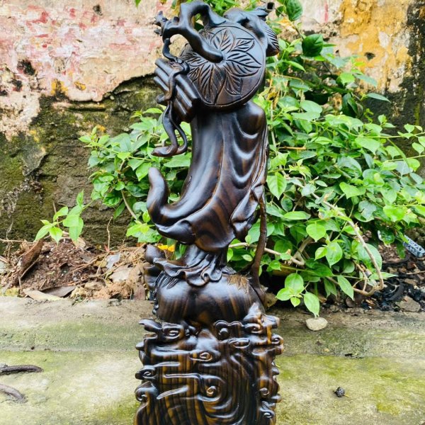 Tượng Đạt Ma phục lân gỗ hương phun giả mun cao 50 cm - góc nhìn 3