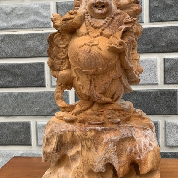 Tượng Di lặc gánh tiền gỗ ngọc am để mộc cao 20cm